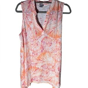 Chicos Sleeveless Top Split V neck Sz 2 US S L Coral Orange White Seashell Print